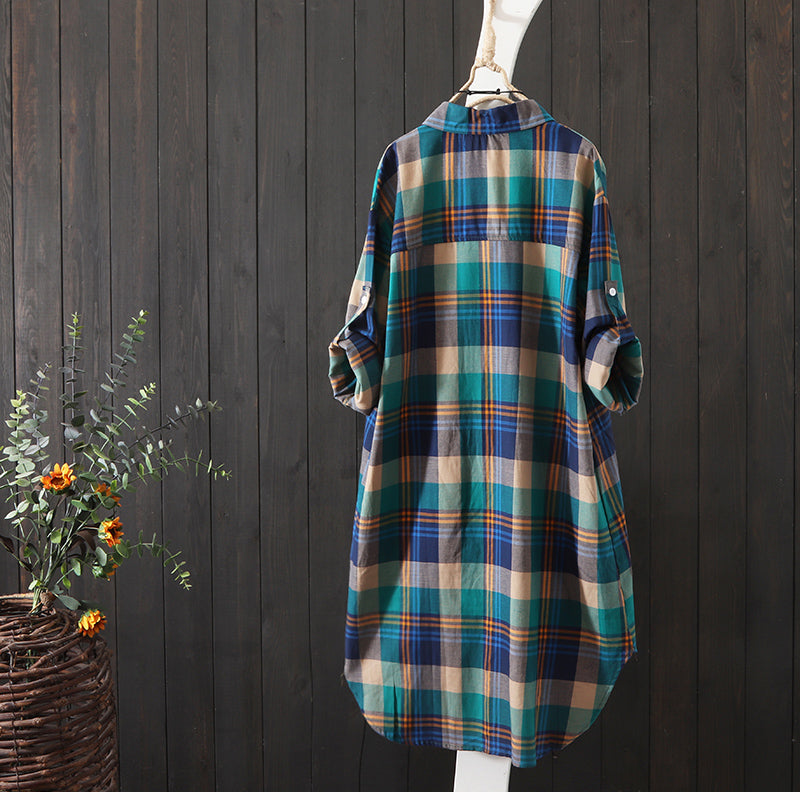 100% Cotton Plaid Shirt Long Sleeve Button Up Casua Loose Blouse Plus Size - MERGE.DAY.1.FREESTYLE