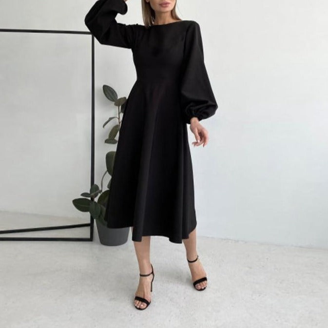 Sexy Backless Midi Long Dresses Lantern Sleeve O-Neck Autumn Folds A-Line For Women - MERGE.DAY.1.FREESTYLE