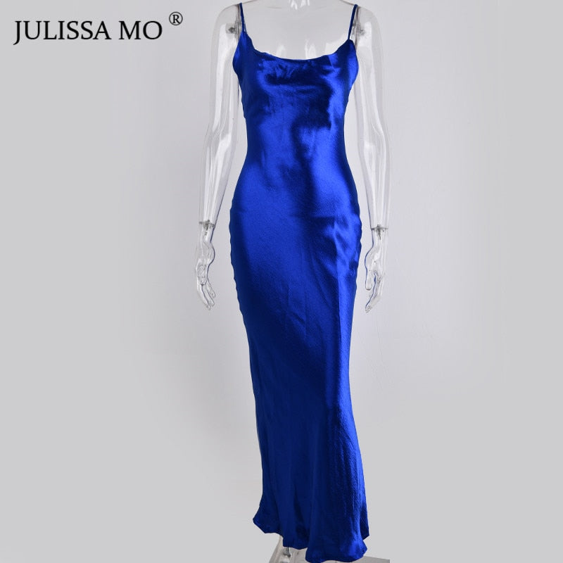 Spaghetti Strap Backless Summer Dress Women Satin Lace Up Trumpet Long Bodycon Dresses - MERGE.DAY.1.FREESTYLE