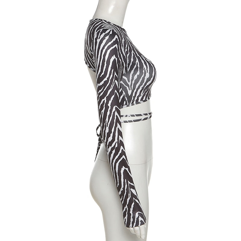 Leopard Zebra Printed Sexy Backless Lace ups Pullover Tees Women O-neck Slim Longsleeve Short T-Shirt - MERGE.DAY.1.FREESTYLE