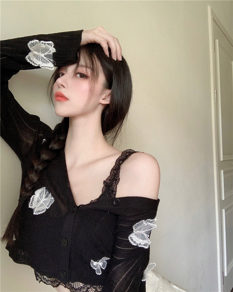 Butterfly Knit Cardigans Women V-Neck Crop Tops Ladies Summer Thin Long Sleeved - MERGE.DAY.1.FREESTYLE