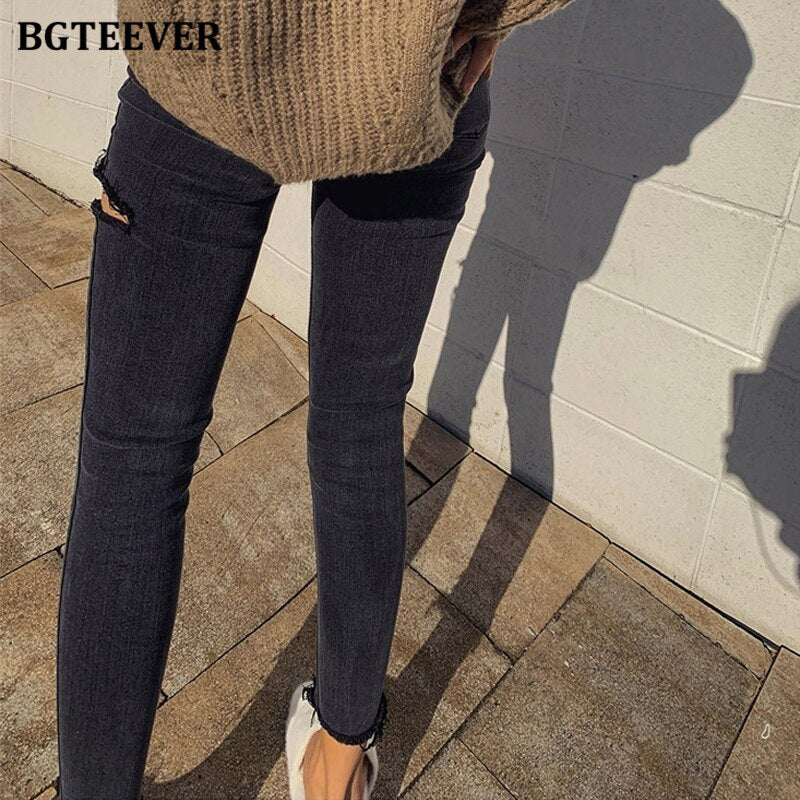Irregular Ripped Holes Women Pencil Denim Jeans Stylish High Waist Stretched - MERGE.DAY.1.FREESTYLE