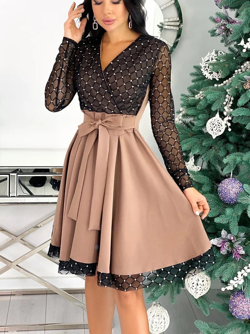 Shiny Sequin Diamond Mesh Stitching Dress Women Spring Autumn Sheer Long Sleeve Belted Slim A Line Dresses - MERGE.DAY.1.FREESTYLE