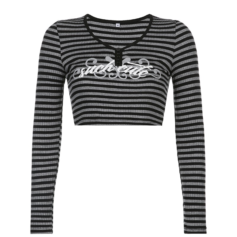 Goth Print Tops Stripe Cute T-Shirts Dark Academia Techwear Button Up V Neck Half Sleeve Sweat Shirts - MERGE.DAY.1.FREESTYLE