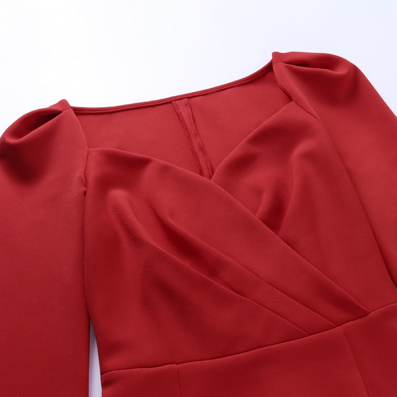 Slim V Neck Long Sleeve Mid Calf Pencil Dress 2022 Casual Office Lady Solid Red Puff Sleeve - MERGE.DAY.1.FREESTYLE