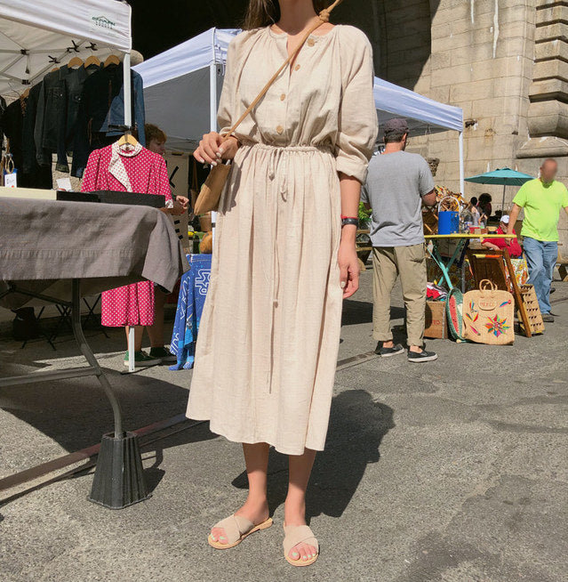 Long Shirt Dress Women Cotton Round Collar Slim Waist Drawstring Solid Color Sundress - MERGE.DAY.1.FREESTYLE