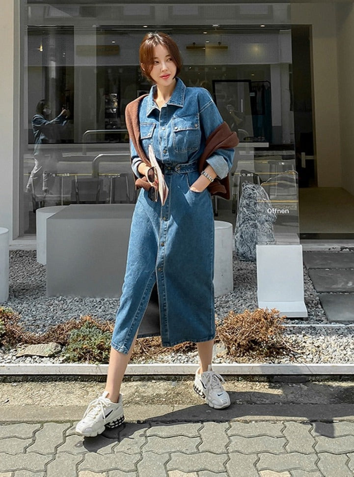 Denim Dress Full Sleeve Single-breasted Pockets Slim Waist Mid-length - MERGE.DAY.1.FREESTYLE