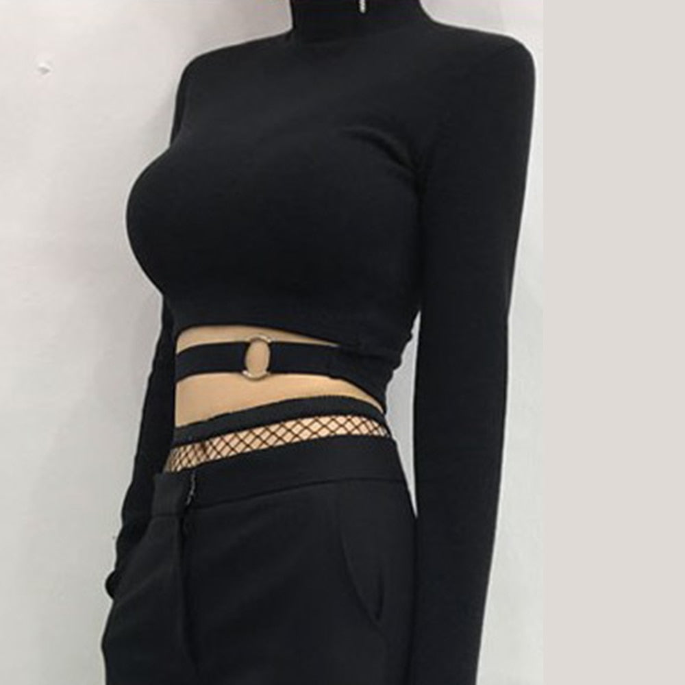 Women Slim Short T-shirt Sexy Tight Turtleneck Long Sleeve Goth Crop Top - MERGE.DAY.1.FREESTYLE