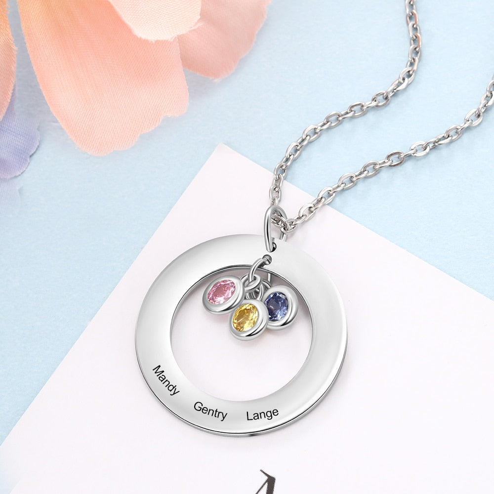 Circle Necklace with 1-3 Birthstones Custom Round Pendant Name Necklace - MERGE.DAY.1.FREESTYLE