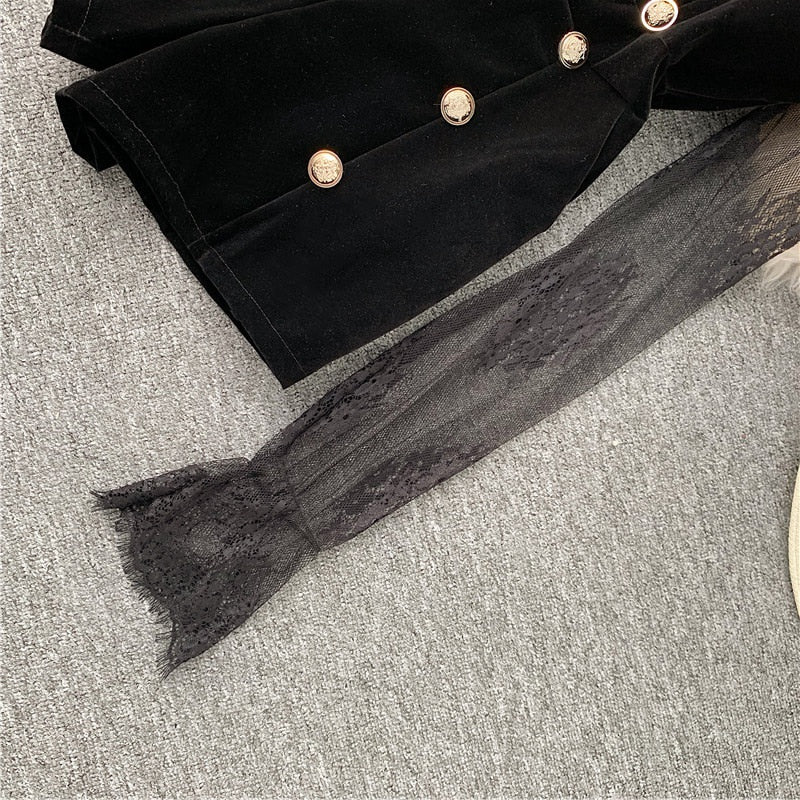 Long Sleeve Lace Embroidery Shirt Women Double Breasted Playsuits Slim Velvet Jumpsuits - MERGE.DAY.1.FREESTYLE