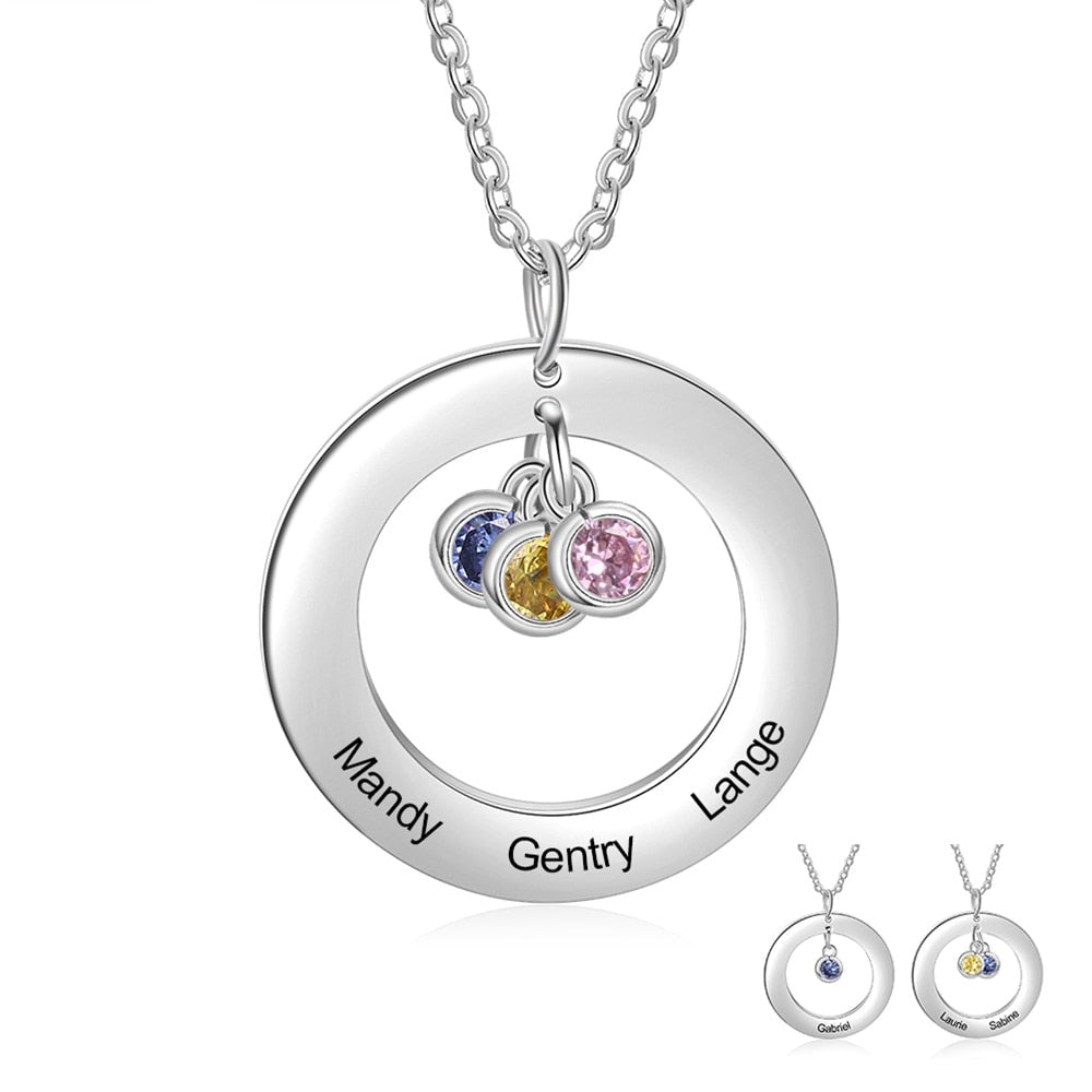 Circle Necklace with 1-3 Birthstones Custom Round Pendant Name Necklace - MERGE.DAY.1.FREESTYLE
