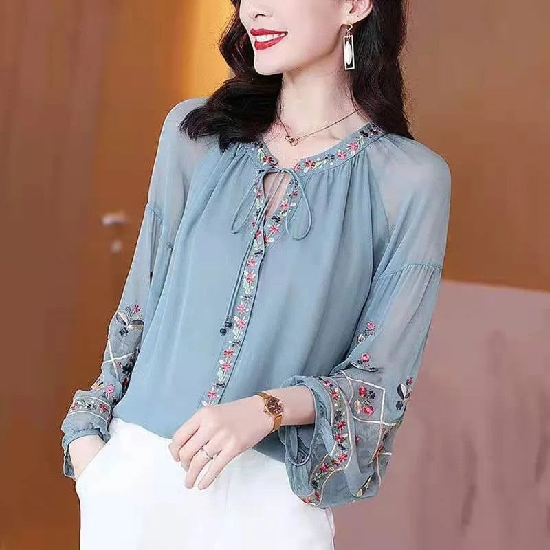 Chiffon Embroidery Blouse Long Lantern Sleeve Loose Top Casual Wear Oversize Casual Wear - MERGE.DAY.1.FREESTYLE