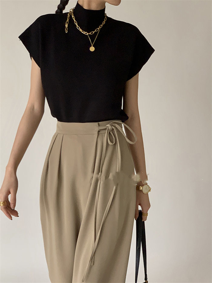 French Turtleneck Knitted Women Spring Summer Design Loose Short Sleeve Cropped Tops Female - MERGE.DAY.1.FREESTYLE