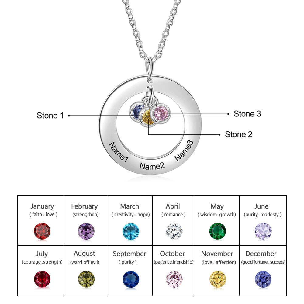Circle Necklace with 1-3 Birthstones Custom Round Pendant Name Necklace - MERGE.DAY.1.FREESTYLE