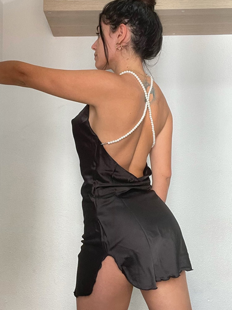 Silk Strap Mini Dresses Backless Solid Color Criss Front Pearl Sexy Summer Sexy Party - MERGE.DAY.1.FREESTYLE
