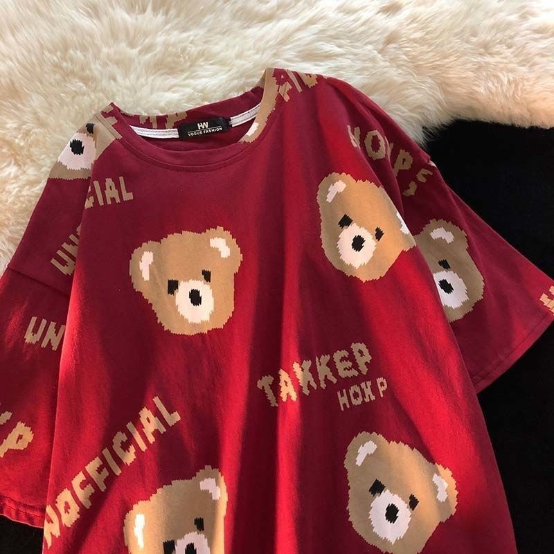Summer Full Print Cartoon Bear Kawaii Short-Sleeved T-Shirt Loose Harajuku Casual - MERGE.DAY.1.FREESTYLE