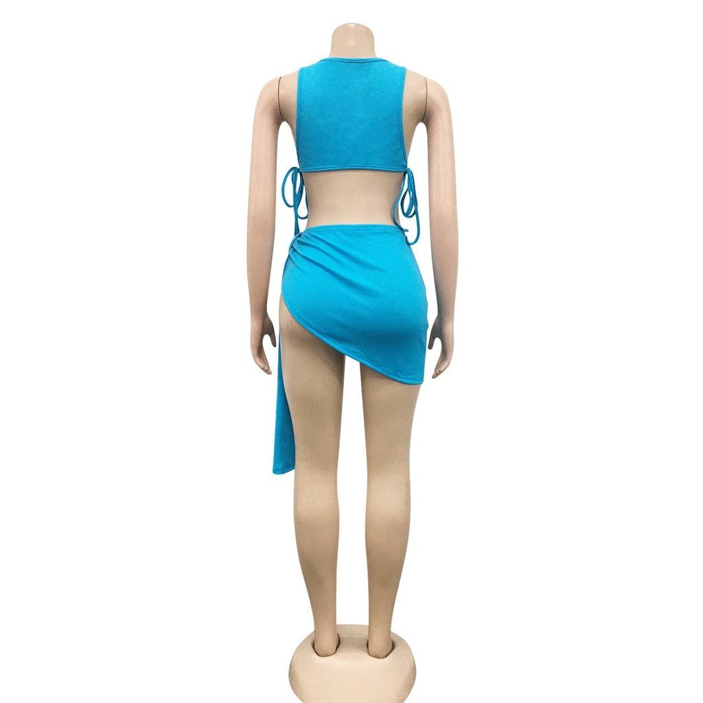 Knitted Ribbed Two Piece Set Bandage Crop Top Bodycon Mini Skirts Beachwear Outfits Summer - MERGE.DAY.1.FREESTYLE