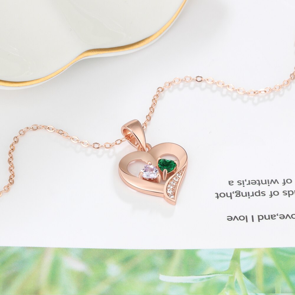 925 Sterling Silver Name Necklace with 2 Birthstones Custom Engraved Heart Pendant - MERGE.DAY.1.FREESTYLE