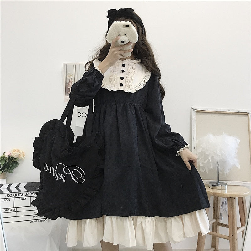 Japanese Style Women'S Dresses O-Neck High Waist Slimming Contrast-Color Ruffled Sweet Lolita Dress Kawaii - MERGE.DAY.1.FREESTYLE