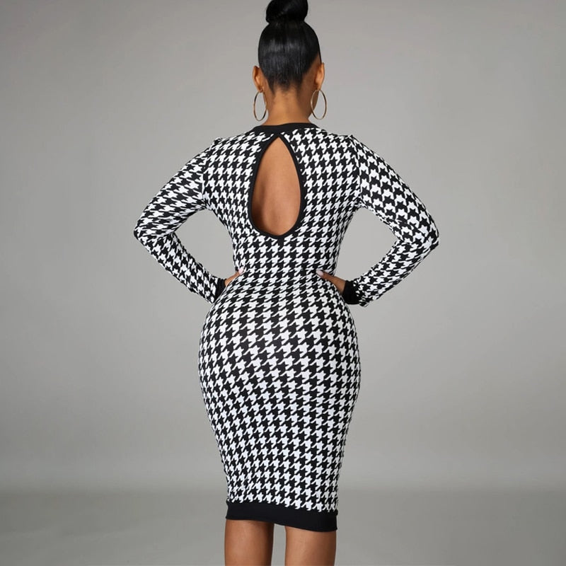 Houndstooth Print Women Long Sleeve Midi Dress Hollow Out Bodycon Streetwear - MERGE.DAY.1.FREESTYLE