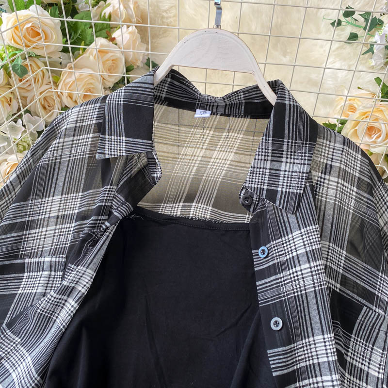 Two Piece Set Long Sleeve Plaid Grey Overcoats Spaghetti Strap Slim Dress - MERGE.DAY.1.FREESTYLE