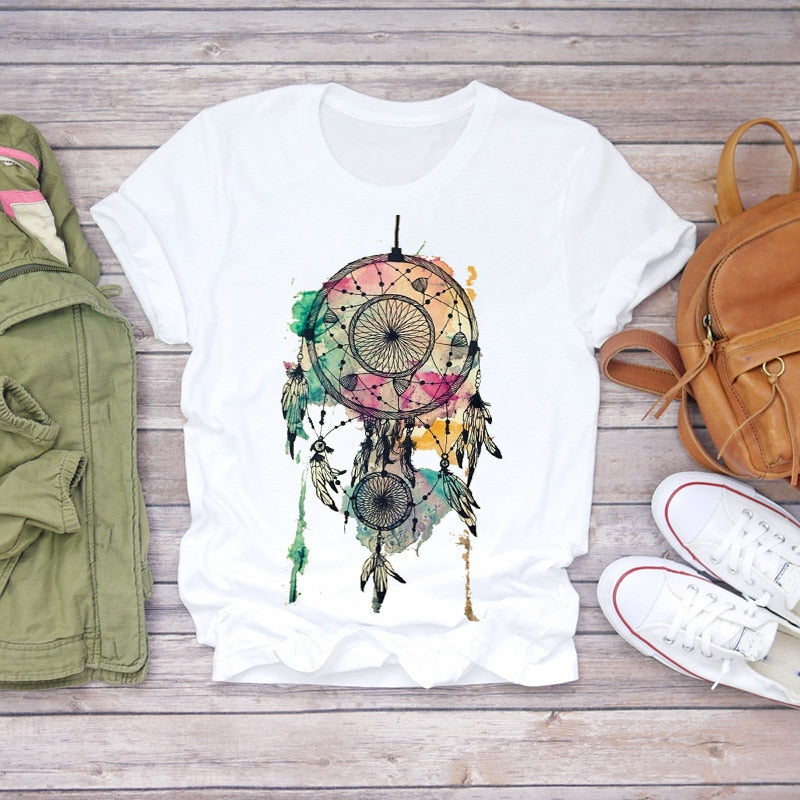 Dream Feather Print Summer Short Sleeve T-Shirts Top Graphic Plue Size - MERGE.DAY.1.FREESTYLE