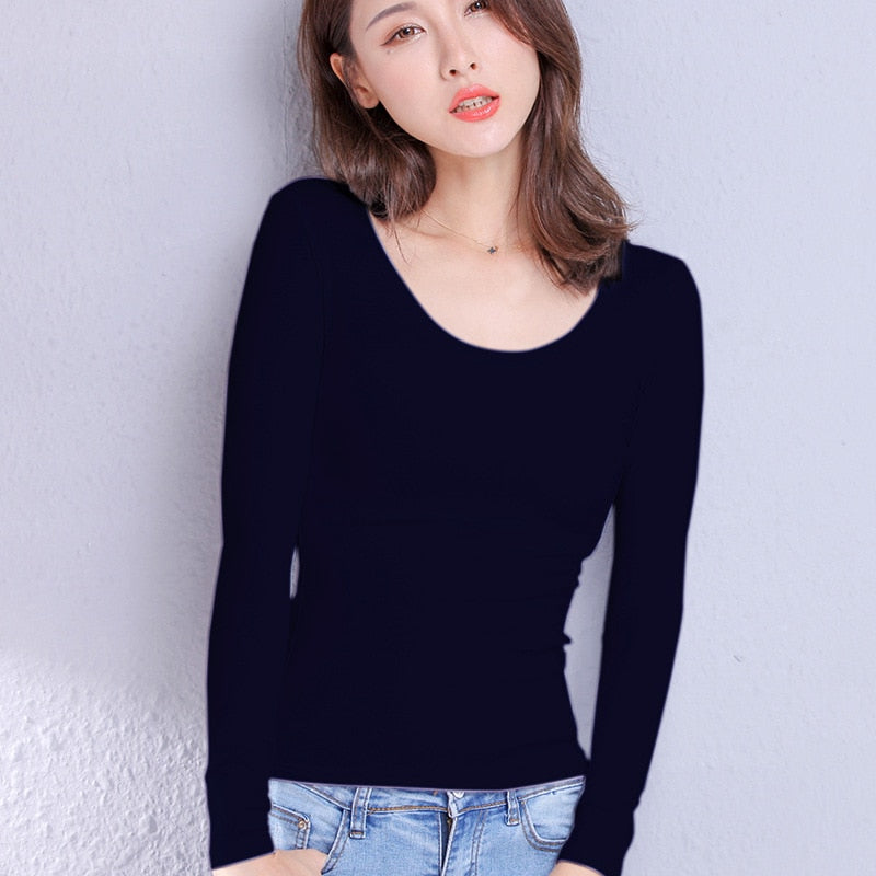 Cotton Women's T-shirt Long-sleeved Solid Color Women T-shirts Leisure Woman T shirt - MERGE.DAY.1.FREESTYLE