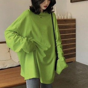 spring autumn Solid long Sleeve oversized tshirt harajuku long T Shirt Women kawaii T-shirts - MERGE.DAY.1.FREESTYLE