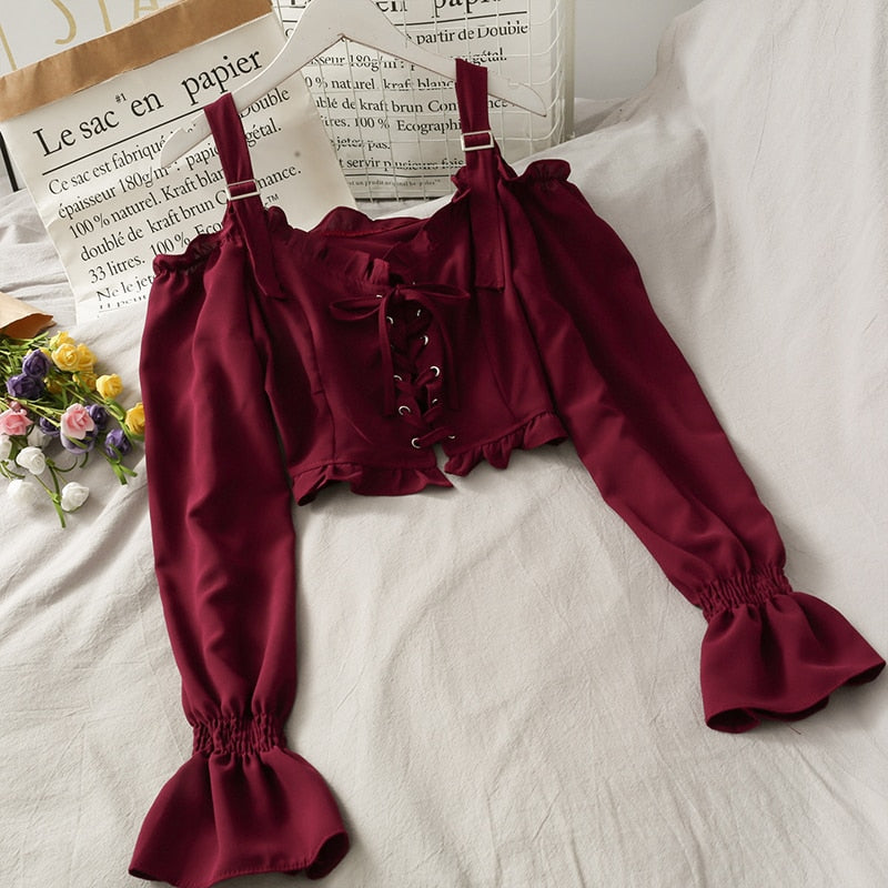 French Bandage Off Shoulder Ruffle Top Female Elegant Long Sleeve Shirt Y2k - MERGE.DAY.1.FREESTYLE