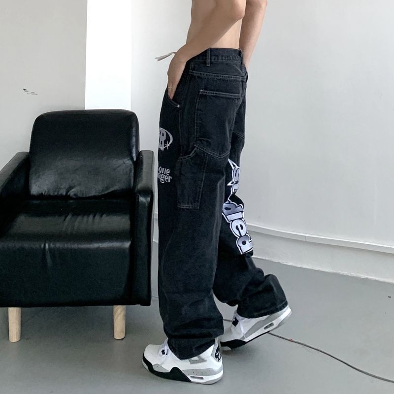retro hip-hop letter embroidery jeans loose straight-leg pants wide-leg pants for men and women couples - MERGE.DAY.1.FREESTYLE