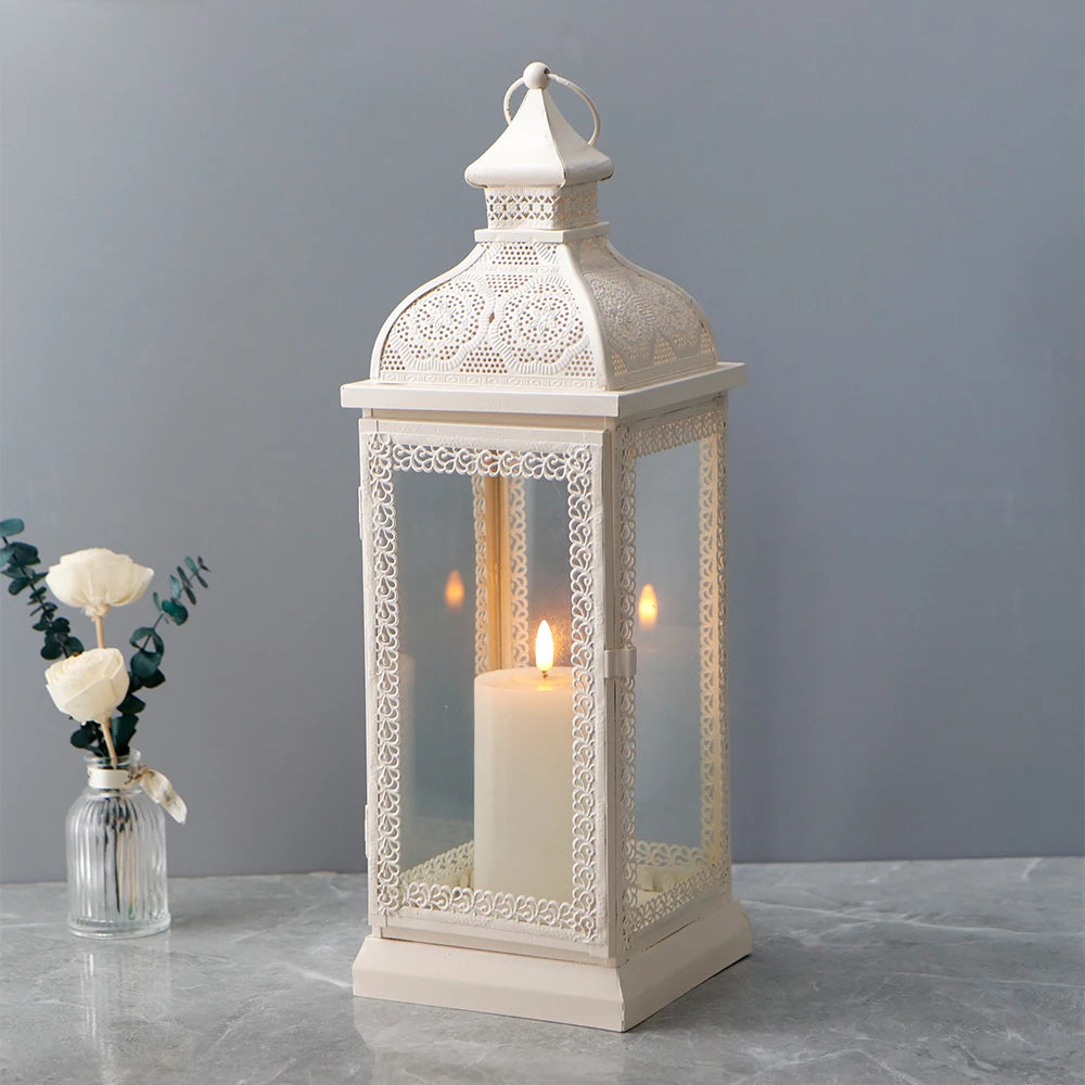Rustic Style White Metal Candle Lantern Large Decorative Candlestick Holder with Tempered Glass for Home Decor - MERGE.DAY.1.FREESTYLE