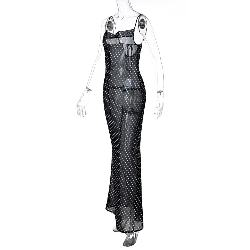 Sleeveless Zip Up Bandage Point Print Mesh See-Through Maxi Dress Sexy Clothings - MERGE.DAY.1.FREESTYLE