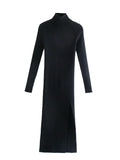 Long Sleeves High-Neck Elastic Midi Dress Lady Knit Sweater Dresses - MERGE.DAY.1.FREESTYLE
