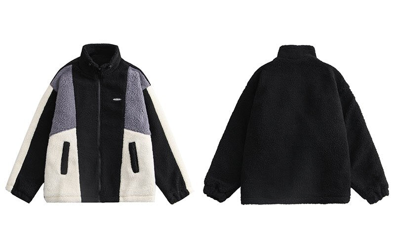 Color Block Patchwork Cotton Thick Warm Varsity Fuzzy Coat Jackets - MERGE.DAY.1.FREESTYLE