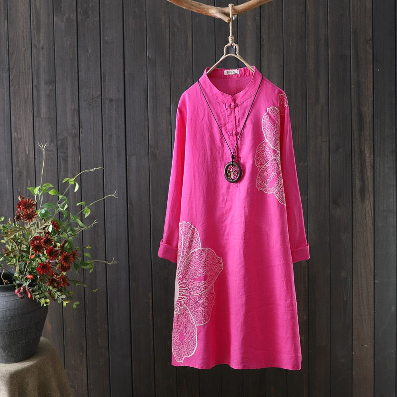 Cotton Shirt Long Sleeve Embroidery Blouse Stand Collar Loose Long Top Office Lady Casual Wear - MERGE.DAY.1.FREESTYLE
