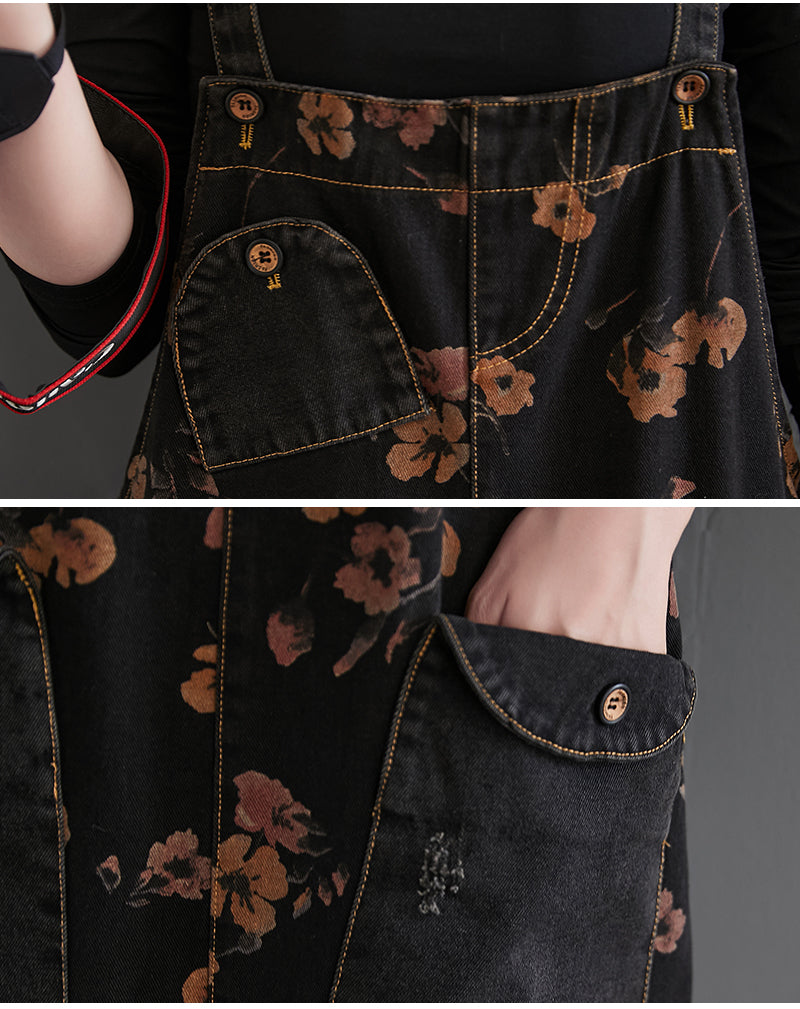 Loose Jeans Black Jumpsuit Casual Ladies Big Pockets Print Floral Denim Overalls Straps Rompers - MERGE.DAY.1.FREESTYLE