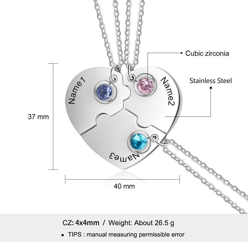 3pcs/Set Personalized Heart Birthstone Best Friend Necklace - MERGE.DAY.1.FREESTYLE