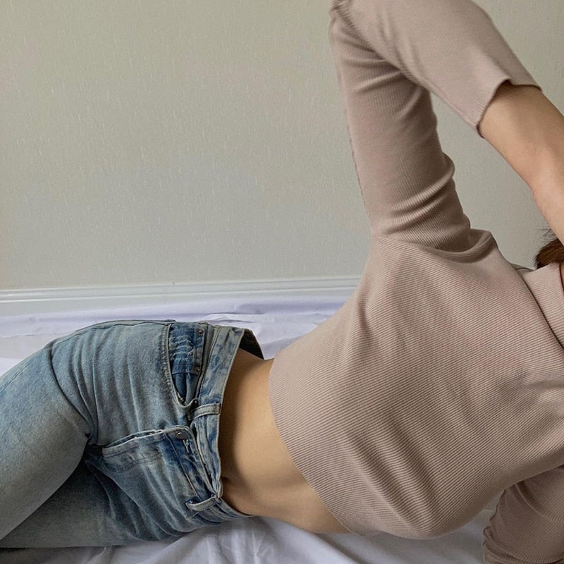 Solid Turtleneck Cropped T Shirt Women Autumn Casual Long Sleeve Ladies Skinny Basic - MERGE.DAY.1.FREESTYLE