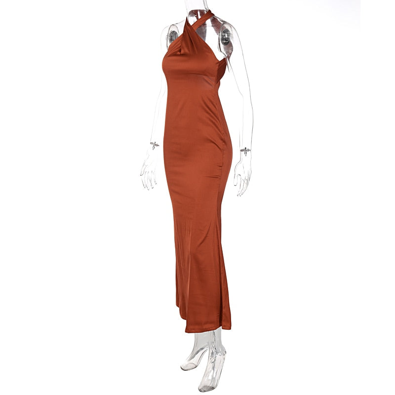 Solid Satin Halter Sleeveless Slim Bodycon Maxi Dress - MERGE.DAY.1.FREESTYLE