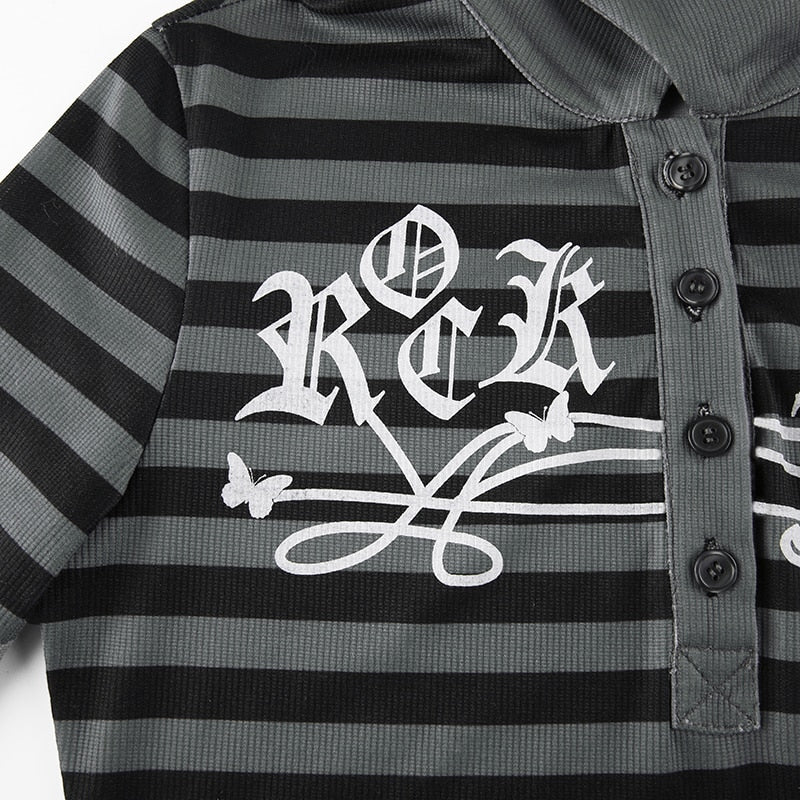 Goth Print Tops Stripe Cute T-Shirts Dark Academia Techwear Button Up V Neck Half Sleeve Sweat Shirts - MERGE.DAY.1.FREESTYLE