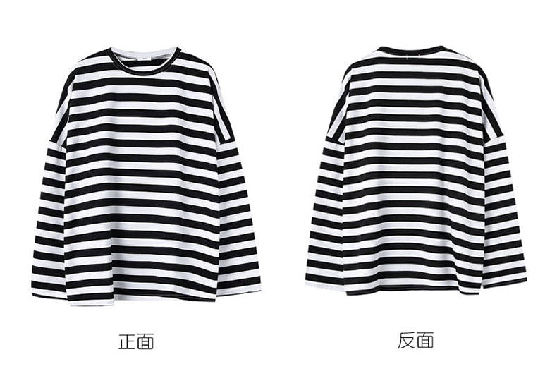 Women harajuku Striped Tshirt Long Sleeve O-Neck T-Shirts Casual oversized T Shirt - MERGE.DAY.1.FREESTYLE