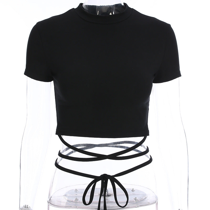 Summer Women Black Short T-Shirts Sexy Crop Tops Short Sleeve Bandage Tee Tops Female Shirts - MERGE.DAY.1.FREESTYLE