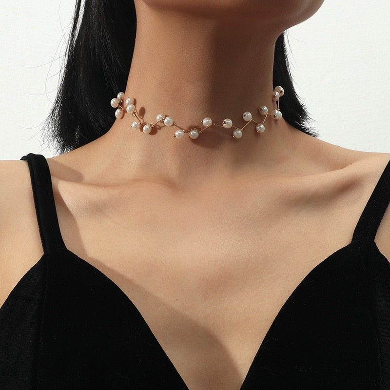 Water-wave Pearl Necklace For Women Charming Big Metal Geometric Statement Collar Necklace - MERGE.DAY.1.FREESTYLE