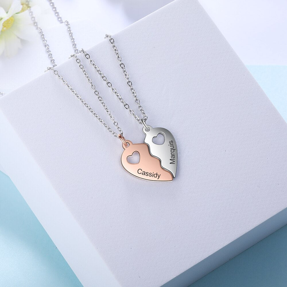 Name Engraving BFF Necklace Customized Rose Gold Silver Color Heart Couple Pendants - MERGE.DAY.1.FREESTYLE