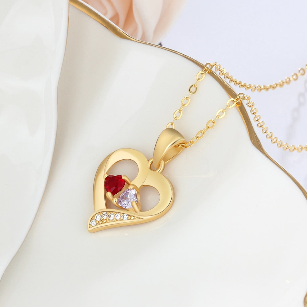 925 Sterling Silver Name Necklace with 2 Birthstones Custom Engraved Heart Pendant - MERGE.DAY.1.FREESTYLE