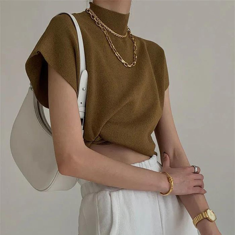 French Turtleneck Knitted Women Spring Summer Design Loose Short Sleeve Cropped Tops Female - MERGE.DAY.1.FREESTYLE