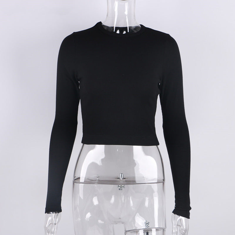 O Neck Long Sleeve Shirt Women Ribbed Sexy Cropped Tops Casual Skinny T Shirts White - MERGE.DAY.1.FREESTYLE