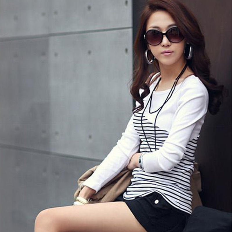 Spring-autumn new all-match Slim pullover striped stitching T-shirt long-sleeved bottoming shirt - MERGE.DAY.1.FREESTYLE