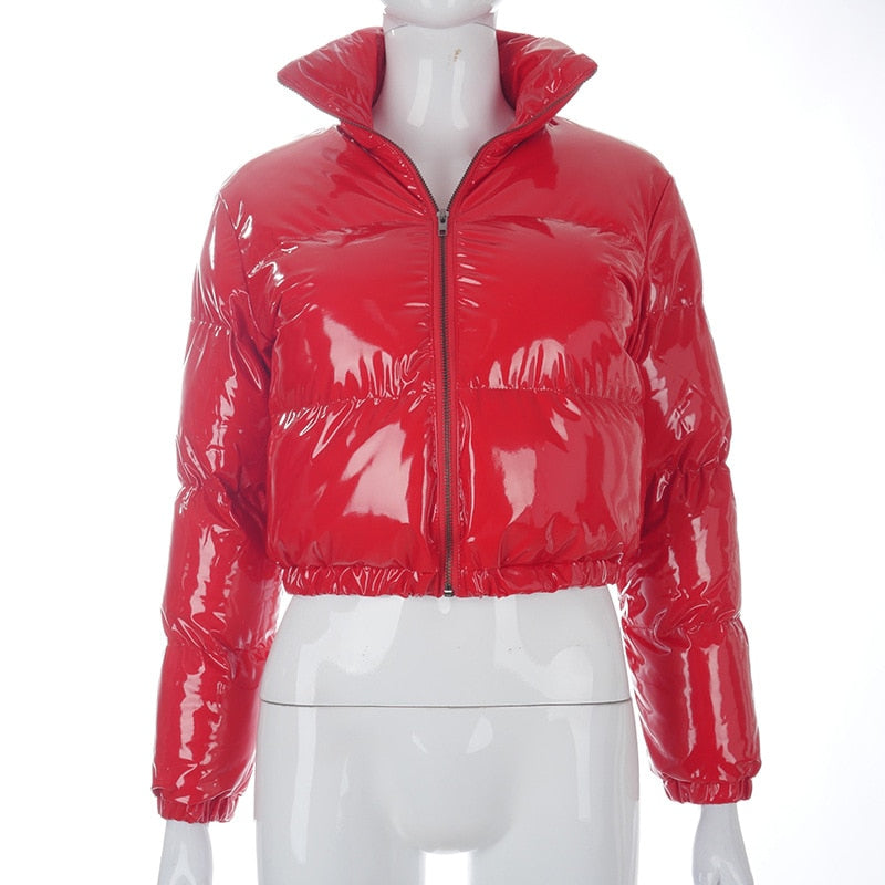 Faux PU Leather Y2K Bubble Puffer Winter Warm Jacket Women Long Sleeve Coats - MERGE.DAY.1.FREESTYLE