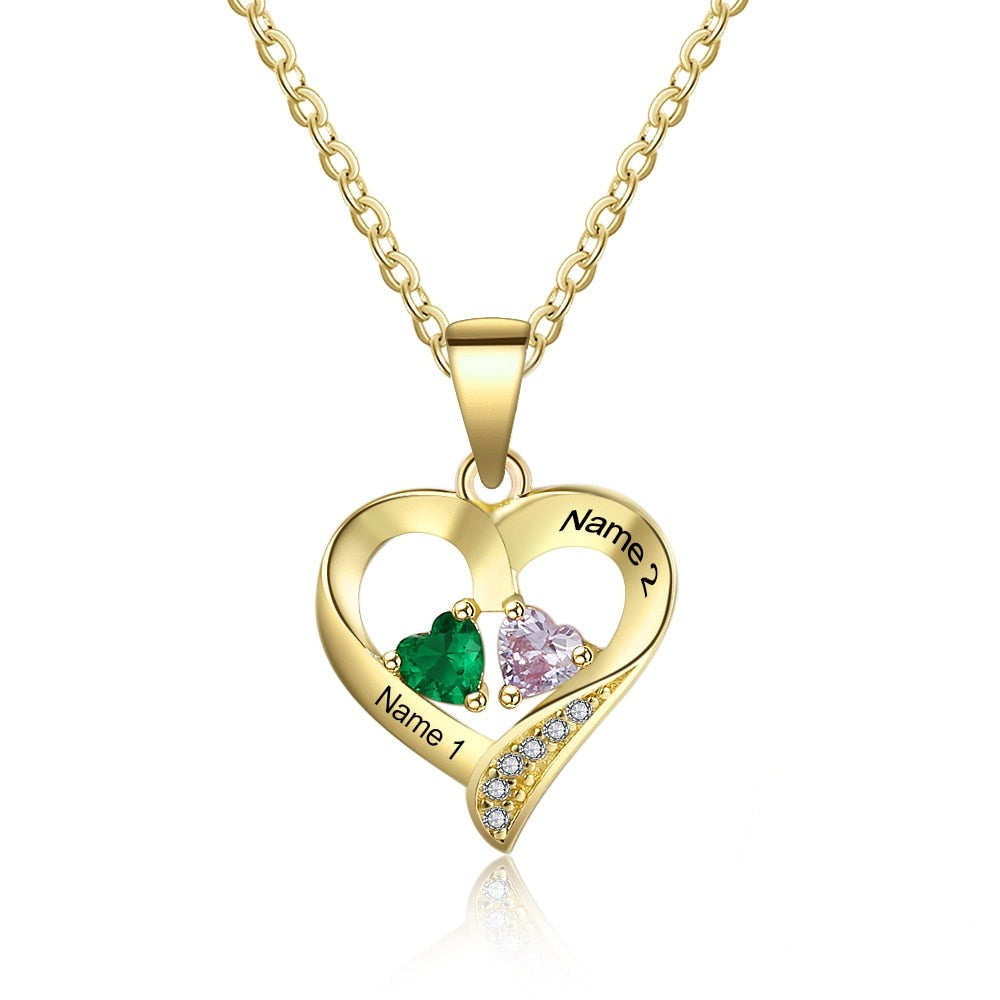 925 Sterling Silver Name Necklace with 2 Birthstones Custom Engraved Heart Pendant - MERGE.DAY.1.FREESTYLE